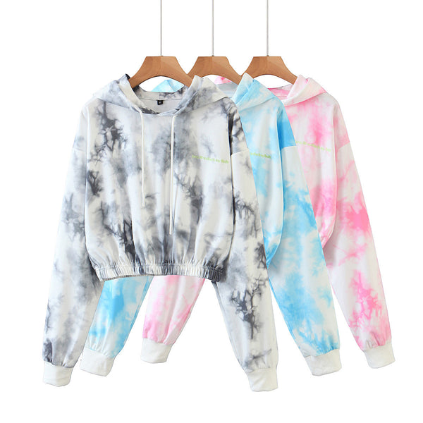 Cropped Hoodies Sweatshirts Vintage TRAF Pullovers Tie-Dye-Print Long-Sleeve Female Women Fashion
